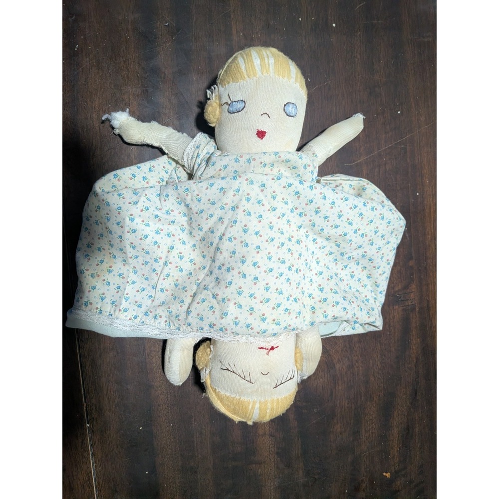 VTG MCM Handmade Topsy-Turvy Cloth Doll  Double-Face‎ Reversible Floral Prairie